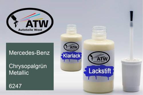 Mercedes-Benz, Chrysopalgrün Metallic, 6247: 20ml Lackstift + 20ml Klarlack - Set, von ATW Autoteile West.